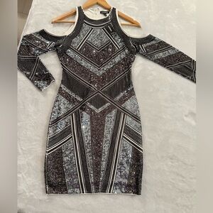 Express silver sequin long sleeve cold shoulder bodycon dress. $128 NWT
